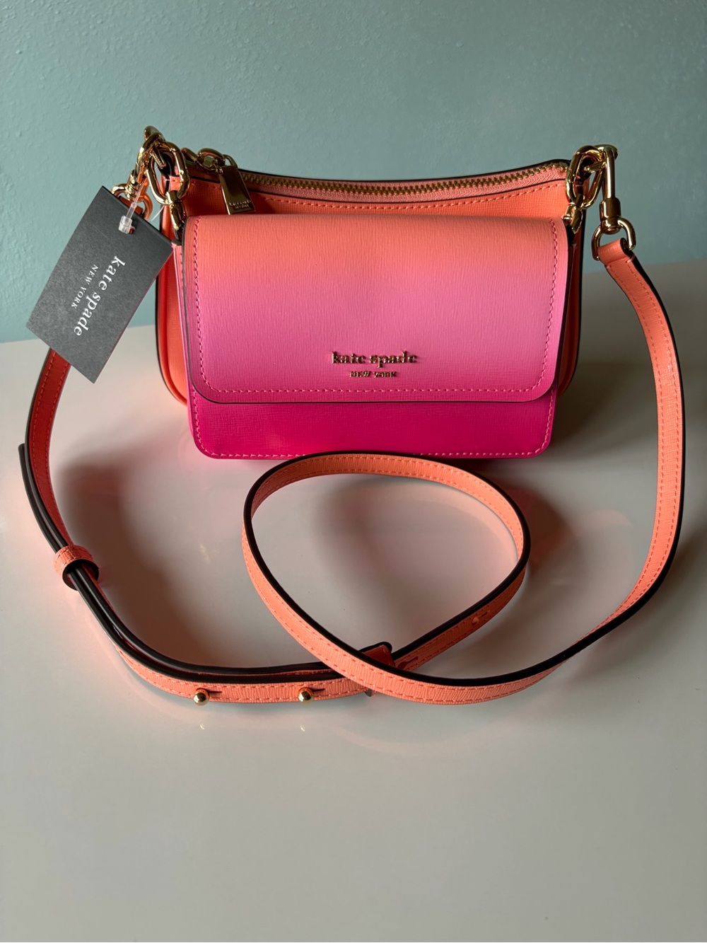 NWT Kate Spade New York Double Up Saffiano Leather Crossbody Ombré Melon Ball